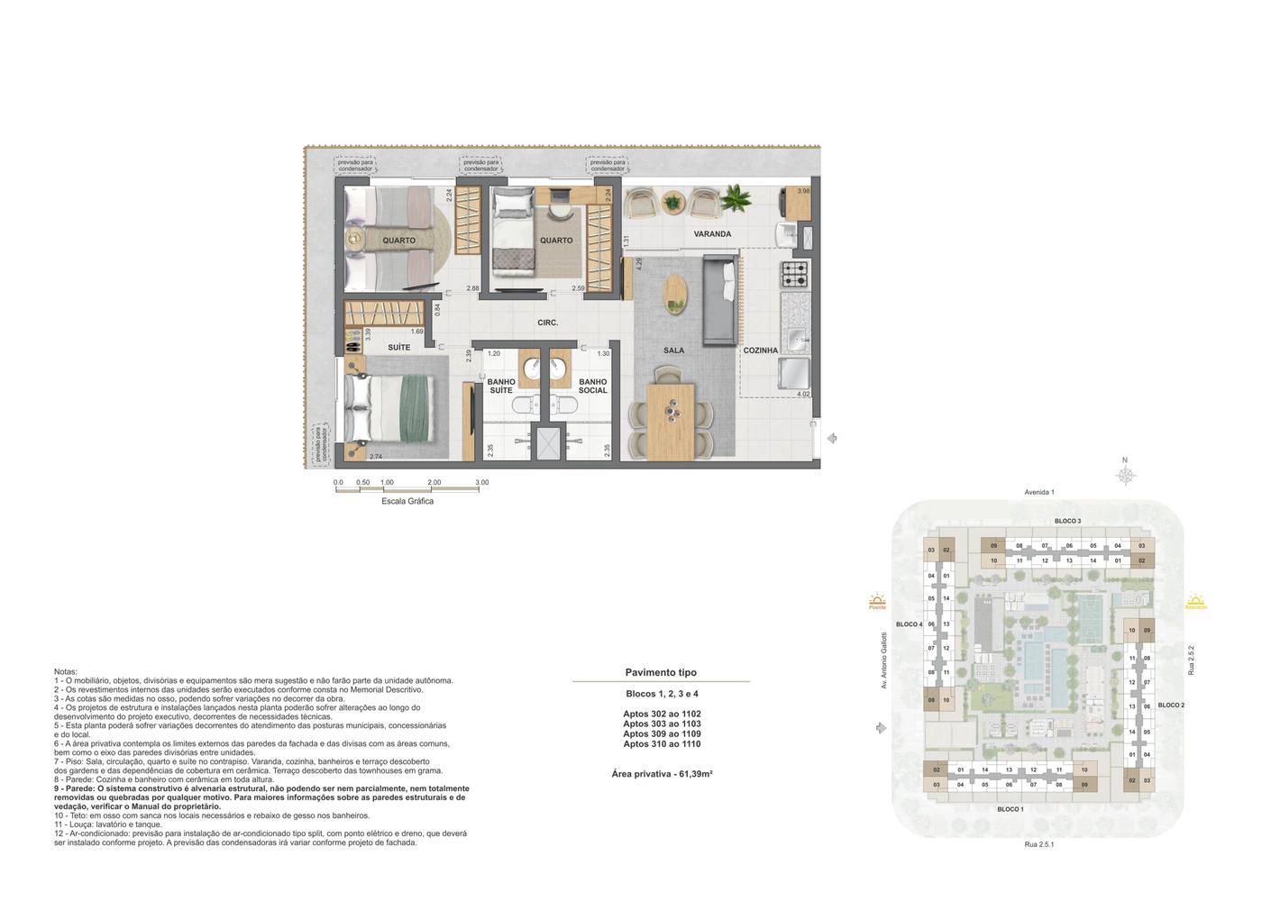 Planta humanizada do pavimento tipo do Arte Wood, apartamento de dois quartos com varanda