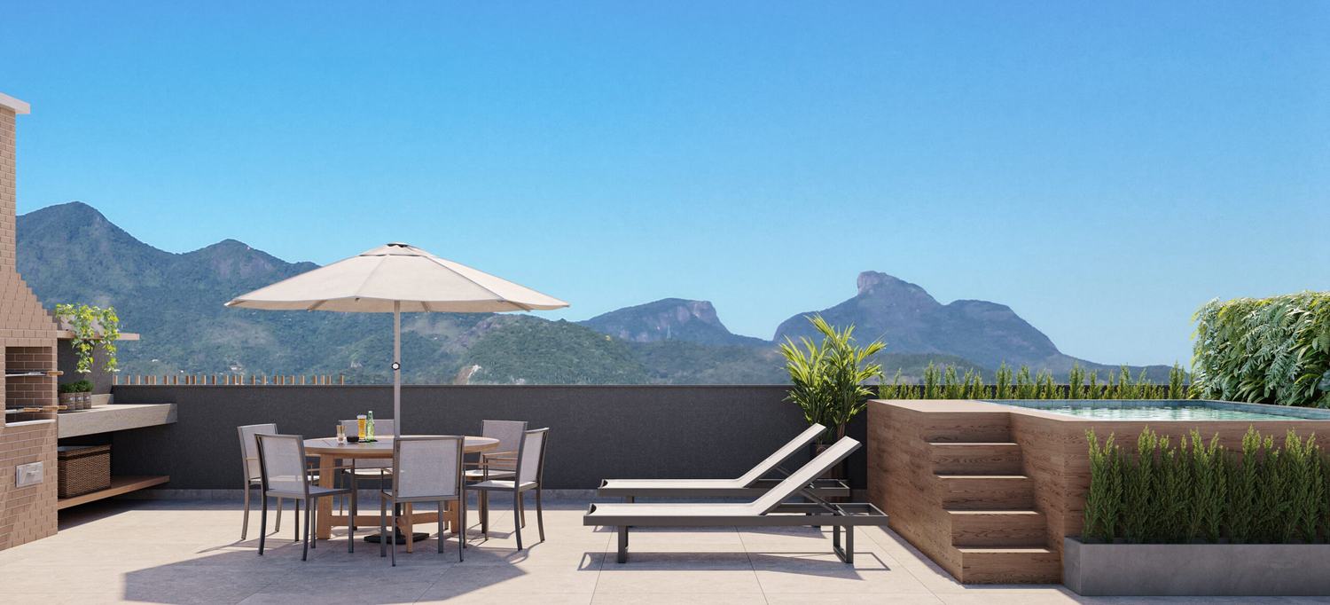 Perspectiva ilustrada do terraço de uma cobertura, com a Pedra da Gávea ao fundo