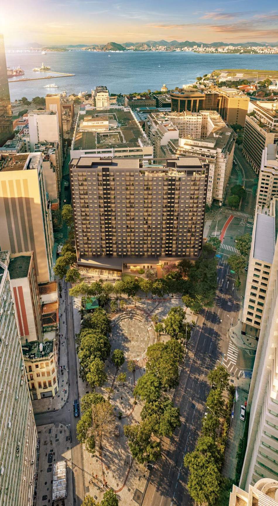 Fotomontagem aérea do Connect Square no quarteirão do Centro do Rio, com a Baía de Guanabara ao fundo
