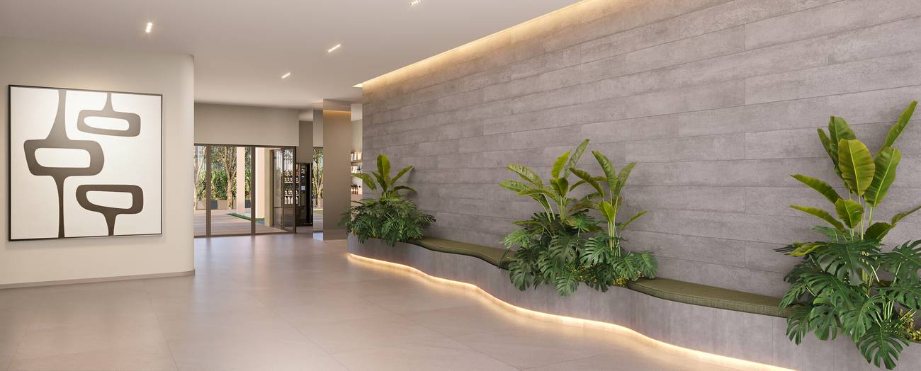 Perspectiva ilustrada do lobby do Connect Square