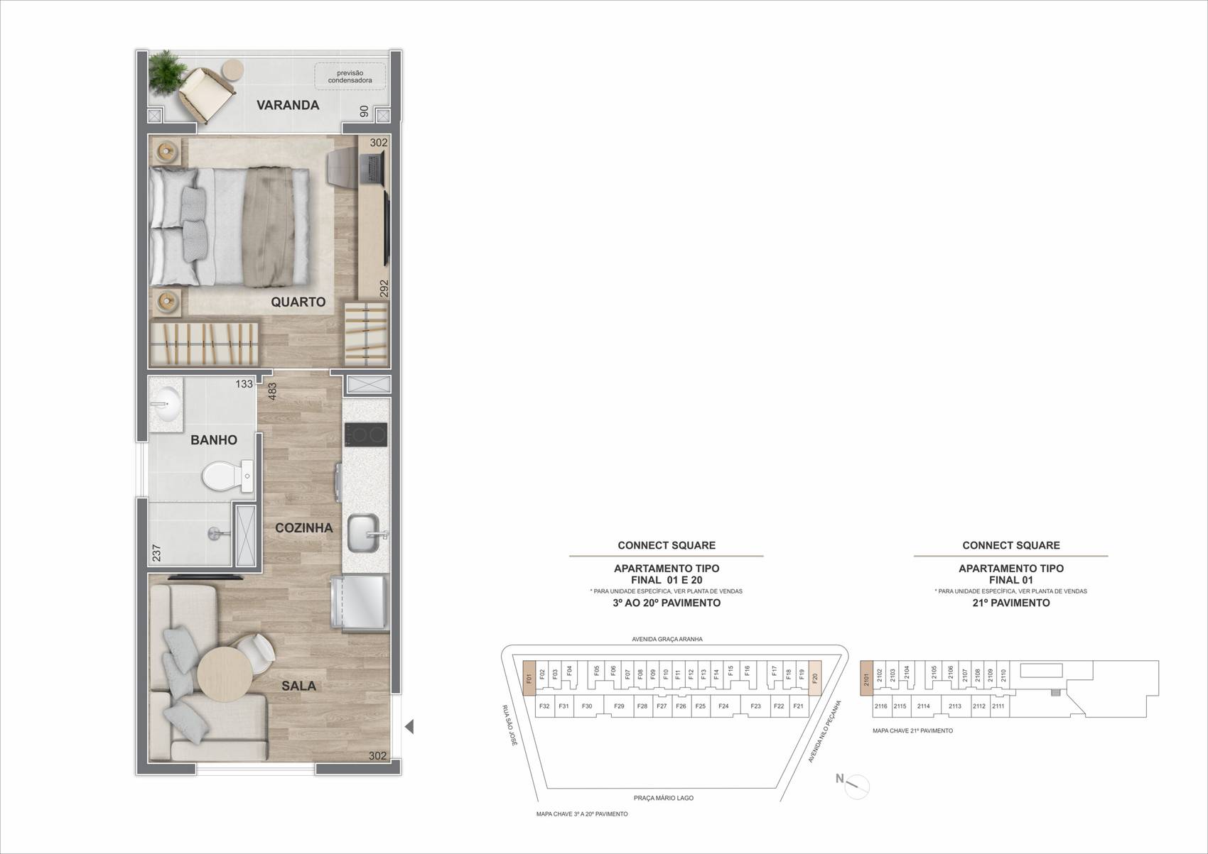 Planta do apartamento de 1 quarto do Connect Square, finais 01 e 20, do 3º ao 20º pavimento