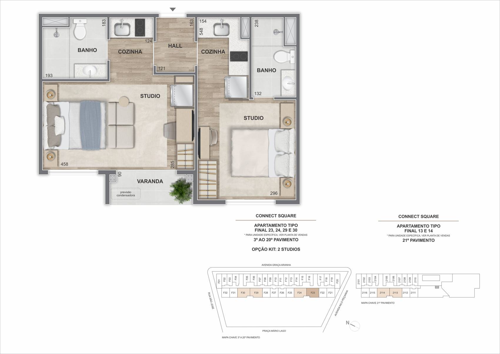 Planta da opção kit com dois studios independentes nos finais 23, 24, 29 e 30 do Connect Square