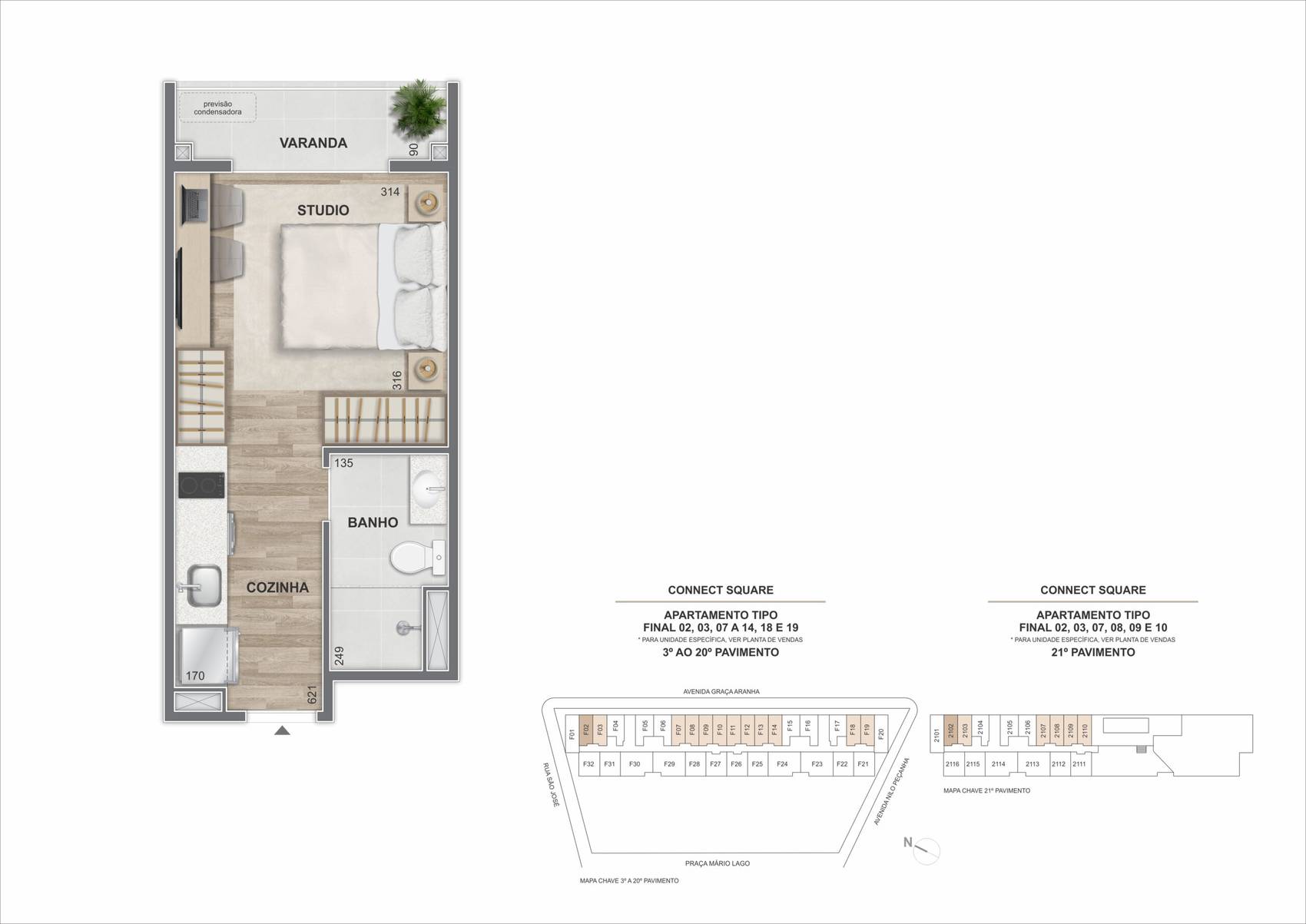 Planta do studio com varanda do Connect Square, finais 02, 03, 07 a 14, 18 e 19, do 3º ao 20º pavimento