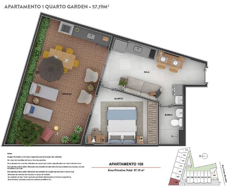 Planta humanizada do apartamento de um quarto garden 108 do Cores do Rio, com terraço amplo