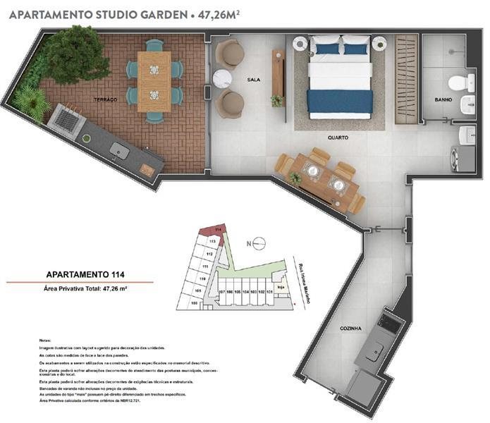Planta humanizada do studio garden 114 do Cores do Rio, com terraço