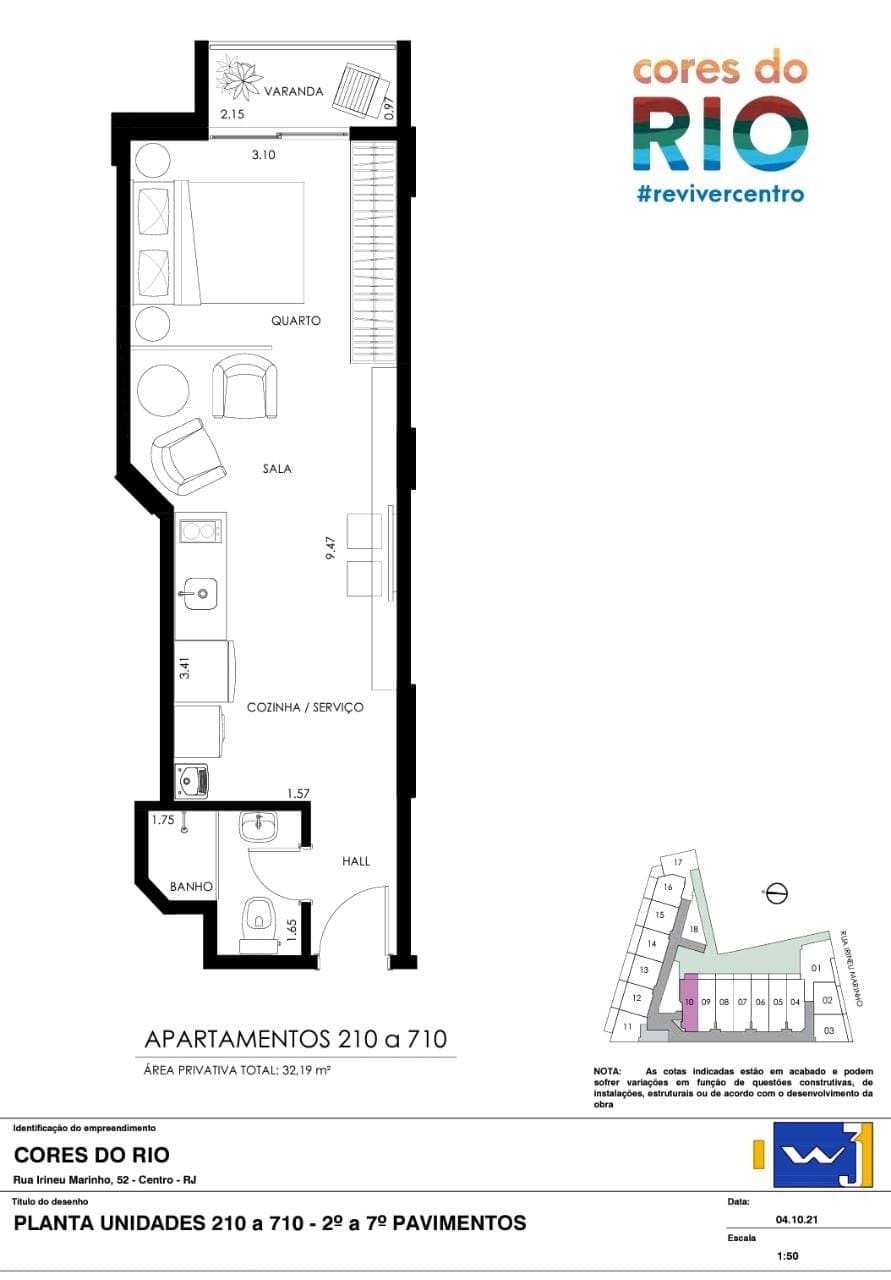 Planta técnica do studio linear do Cores do Rio, unidades 210 a 710
