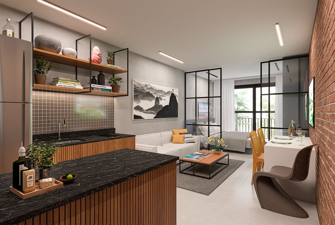 Perspectiva ilustrada da sala de um apartamento do Cores do Rio, com cozinha integrada