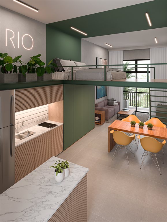 Perspectiva ilustrada de um studio de pé-direito duplo do Cores do Rio, com mezanino