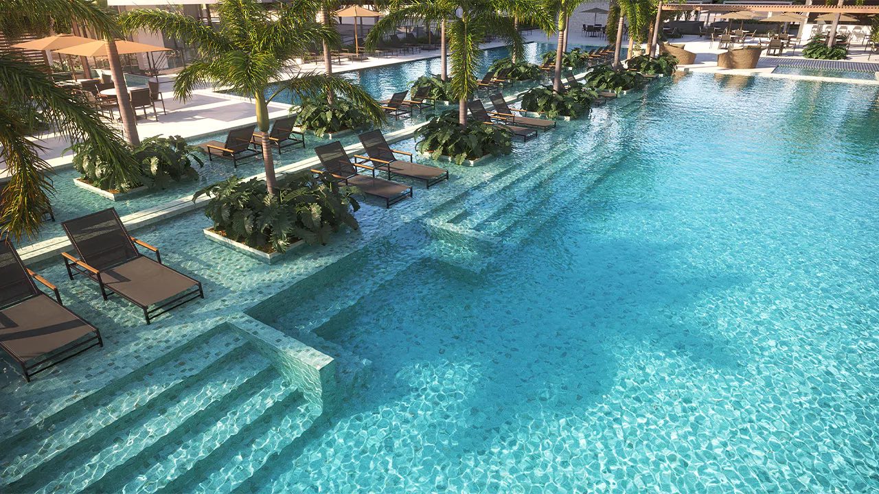 Perspectiva ilustrada da piscina adulto, com escada larga e espreguiçadeiras