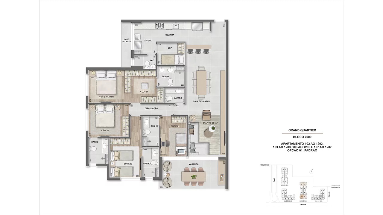 Prancha de planta do apartamento de 4 suítes de 145,32 m²