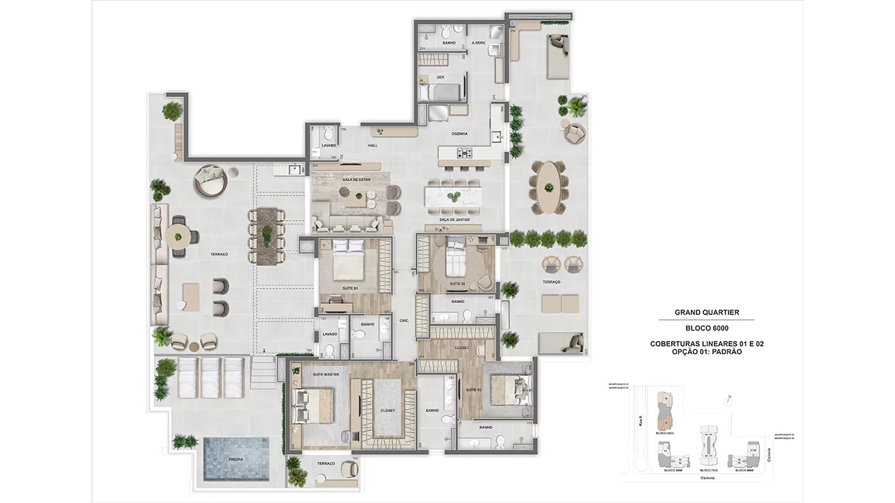 Prancha de planta da cobertura linear de 4 suítes de 339 m²