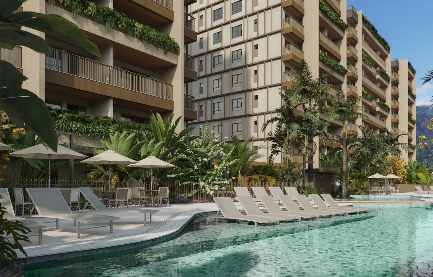 Perspectiva ilustrada da piscina externa com espreguiçadeiras, junto ao bloco