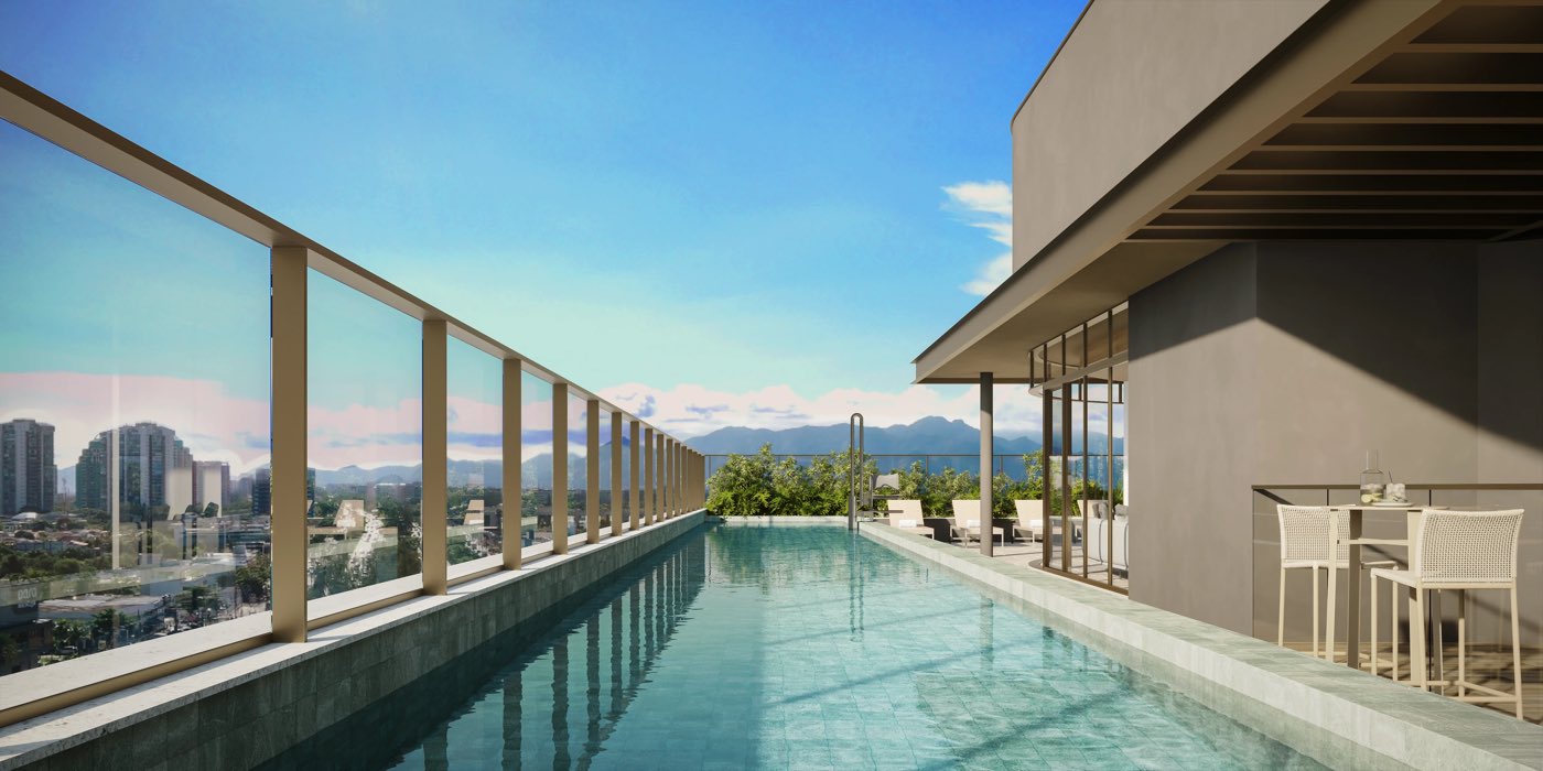 Perspectiva ilustrada da piscina com raia no rooftop, com vista da Barra da Tijuca e das montanhas