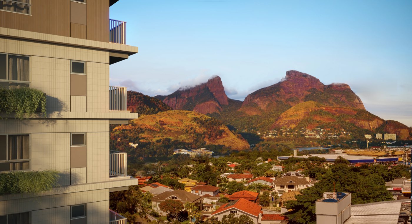 Perspectiva ilustrada da varanda de um apartamento no fim da tarde, com vista para o maciço