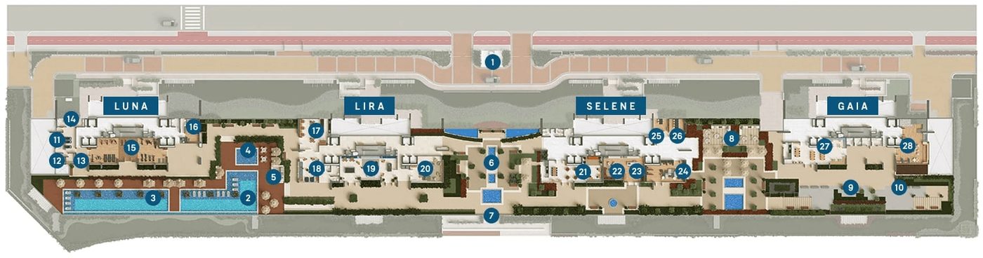 Masterplan ilustrado do Astra, com a numeração dos itens de lazer entre os quatro edifícios