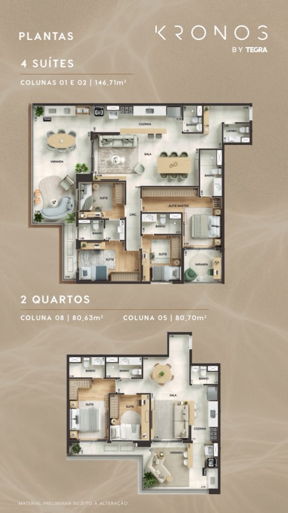 Prancha de plantas com o apartamento de 4 suítes e os dois de 2 quartos
