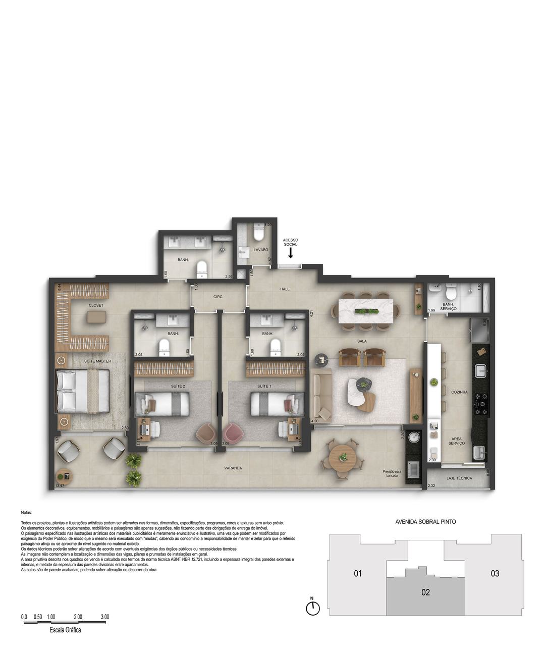 Prancha de planta do apartamento tipo de 3 suítes do Marino by Breton