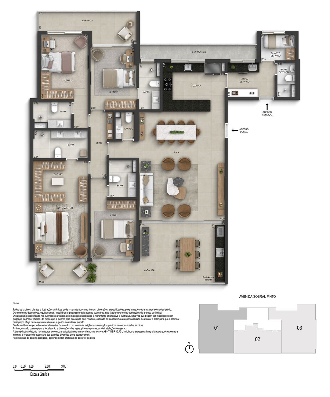 Prancha de planta do apartamento tipo de 4 suítes do Marino by Breton