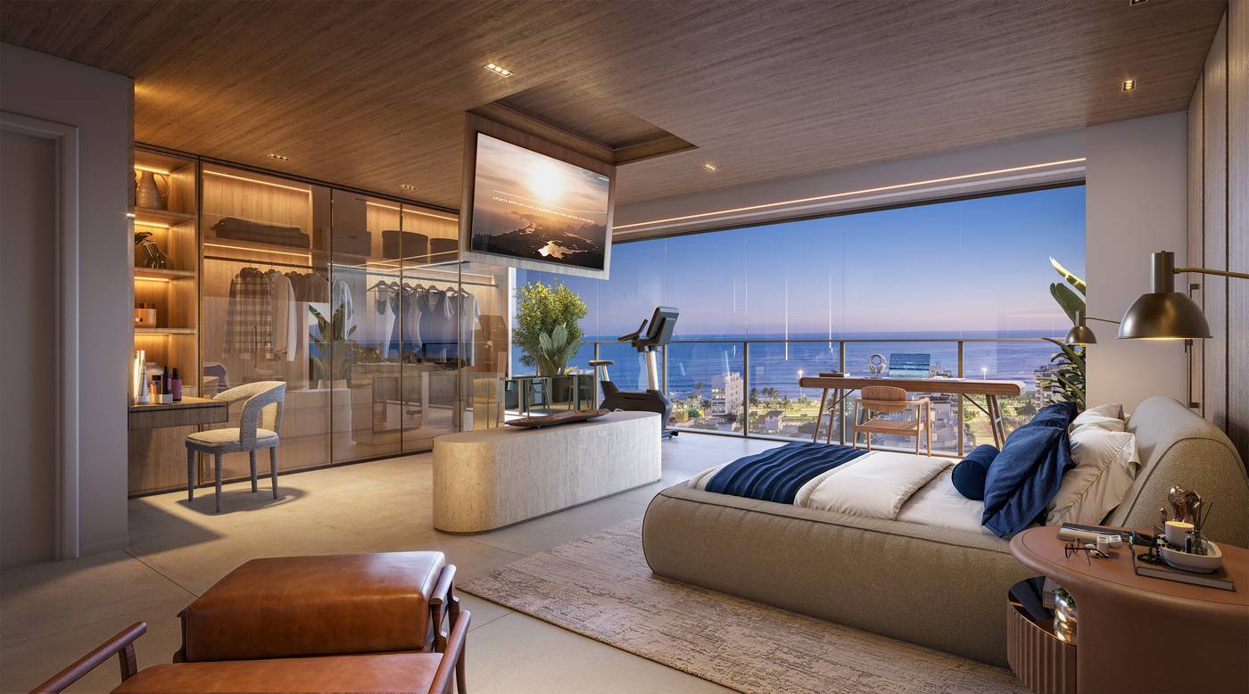 Perspectiva ilustrada da suíte master do apartamento de 4 suítes, na opção ampliada