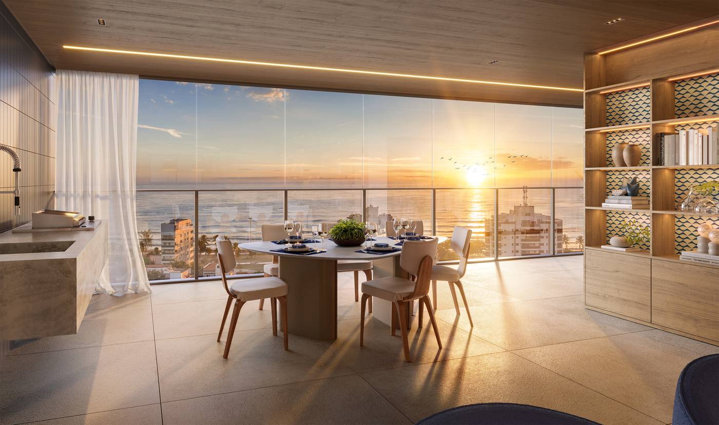 Perspectiva ilustrada da varanda gourmet do apartamento de 4 suítes, com o pôr do sol sobre o mar