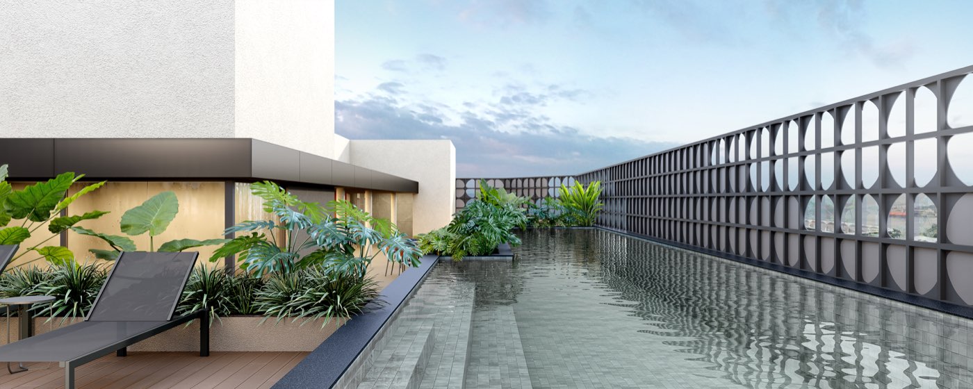 Perspectiva ilustrada da piscina do rooftop, junto ao painel vazado