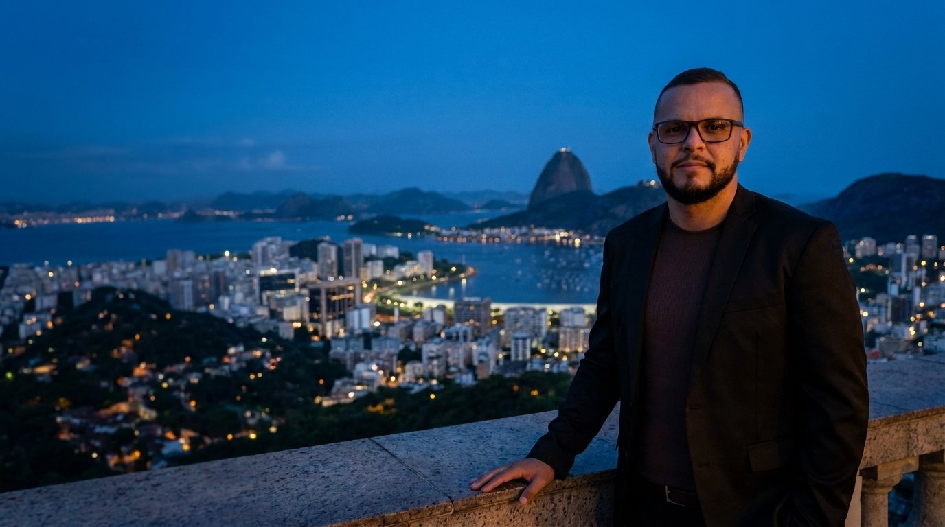 Thiago Penna num rooftop no Rio ao anoitecer, com a cidade acesa, a Baía de Guanabara e o Pão de Açúcar ao fundo